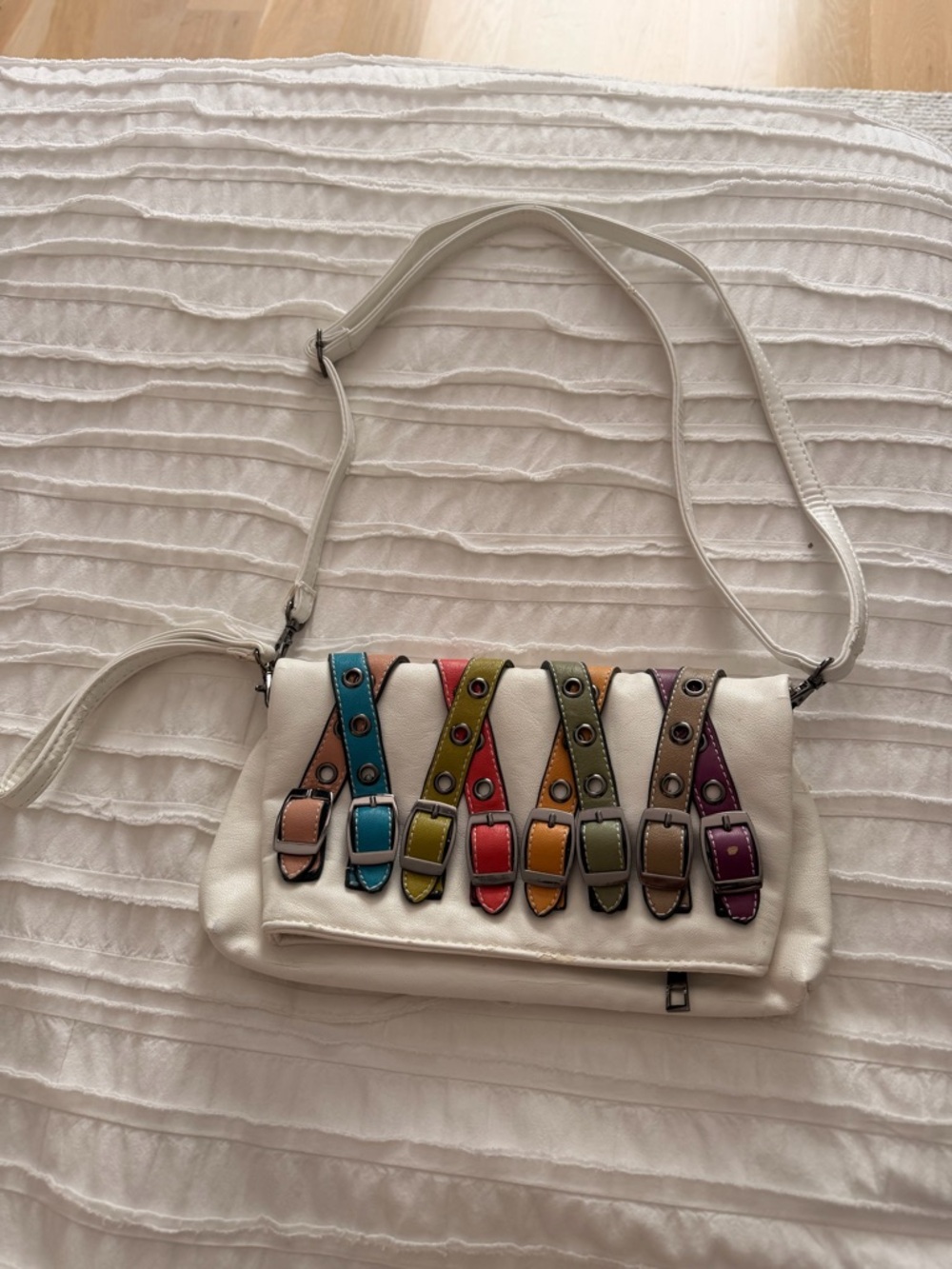 Vintage White Crossbody Bag with Multicolor Buckle Straps